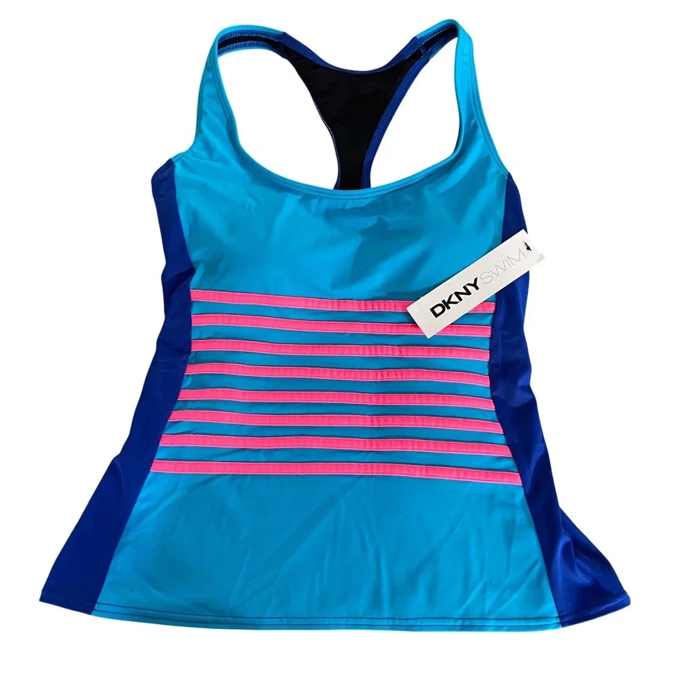DKNY Racerback Tankini Women XS Blue Pink Striped Colorblock Sporty Swim Top NEW
